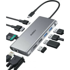 Aukey Hub USB-C CB-C89 Aluminium | 10w1 | RJ45 Ethernet 10/100/1000Mbps | 4xUSB | HDMI 4k@30Hz | SD i microSD | USB-C Power Delivery 100W
