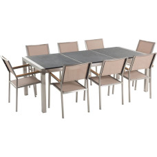 Beliani Zestaw ogrodowy stół granit palony dzielony blat czarny i 8 krzeseł beżowych GROSSETO (34096)