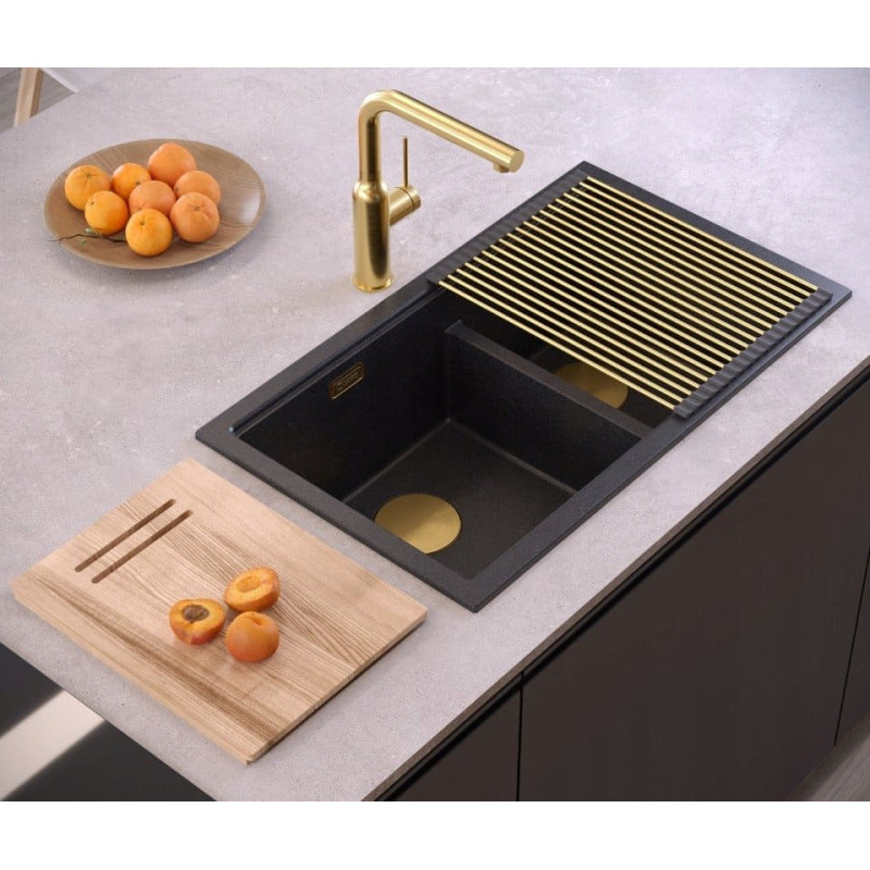 Graniteq QUADRON | LOGAN 120 | granitowy zlewozmywak kuchenny PURE CARBON + MIEDŹ PVD | wymiar: 76 x 45 x 23,5 cm | 2-komorowy wpuszczany | podbudowa szafki od: 80 cm