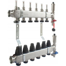 Ferro Rozdzielacz ze stali nierdzewnej INOX 14-drogowy z przepływomierzami, zaworami termostatycznymi, zaworami spustowymi i odpowietrznikami automatycznymi