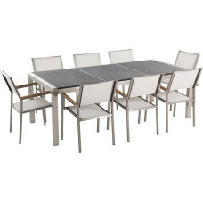 Beliani Zestaw ogrodowy stół granit palony dzielony blat czarny i 8 krzeseł białych GROSSETO