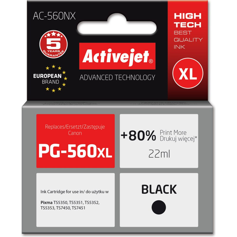 Activejet AC-560NX Printer Ink for Brother, Replacement Canon PG-560XL; Supreme; 22 ml; black