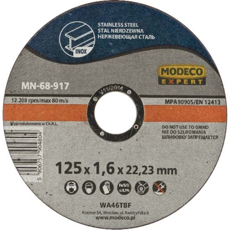 Modeco Ściernica płaska do cięcia stali nierdzewnej cienka 125x1,6x22,23mm 25szt. - MN-68-915