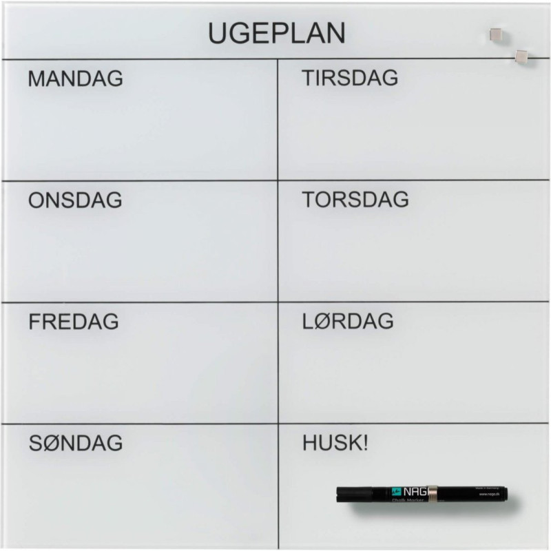 Naga Uge glastavle DK 45x45cm hvid m/sort tekst