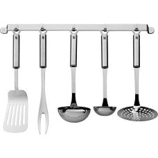 WMF Zestaw pomocników kuchennych WMF Profi Plus 6 sztuk, wisząca półka z pomocnikami 5, chochla, skimmer, łyżka do sosu, obracarka, widelec do mięsa, chochla, stal nierdzewna Cromargan częściowo matowa, można myć w zmywarce