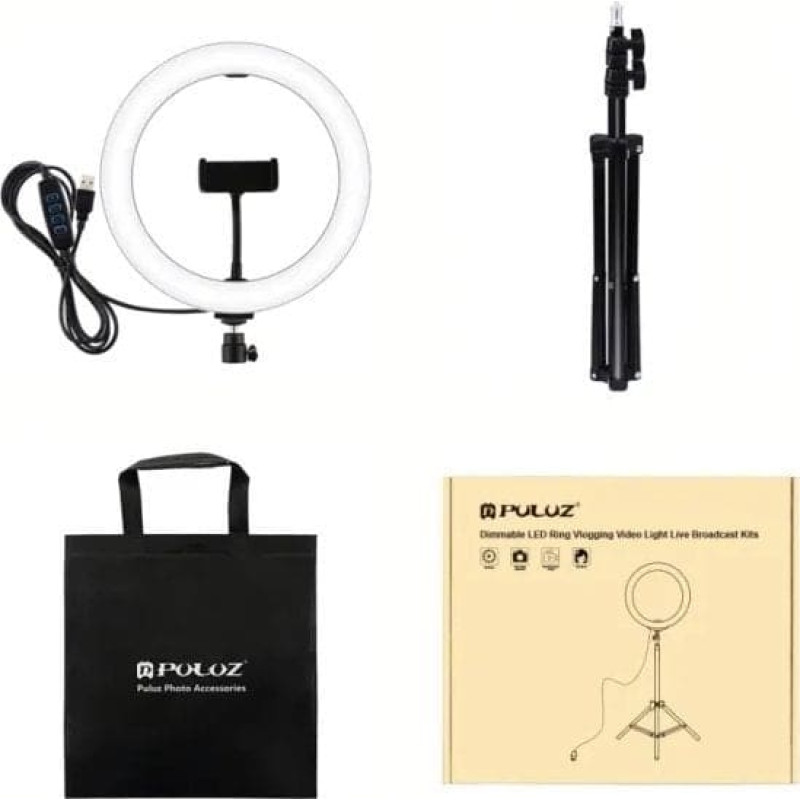 Puluz Lampa pierścieniowa Puluz LED žiedinė lempa 26cm, su trikoju stovu iki 1.1m ir telefono laikikliu, USB