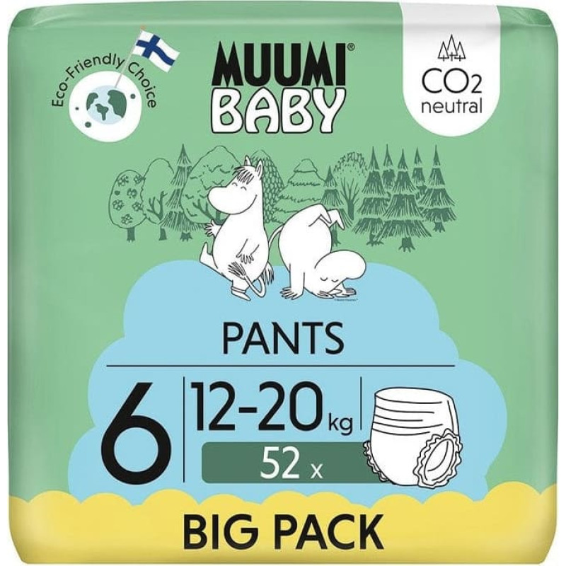 Muumi Baby, Pieluchomajtki ekologiczne dla dzieci, rozmiar 6 (12-20 kg), 52 szt.