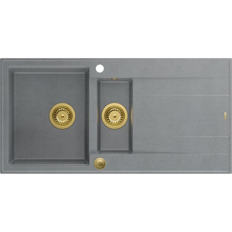 Graniteq Zlewozmywak GraniteQ EVAN 156 GraniteQ zlewozmywak z syfonem Push To Open 1,5-komorowy z/o (1000x500x210; kom. 420x480) silver stone / elementy złote